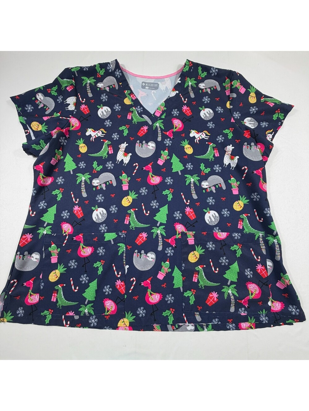 Med Couture Women's 3XL Navy V-Neck Scrub Top with Fun Animal and Holiday Print